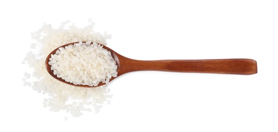 Photo of Raw rice in wooden spoon isolated on white, top view