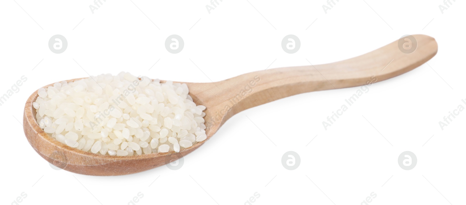 Photo of Raw rice in wooden spoon isolated on white