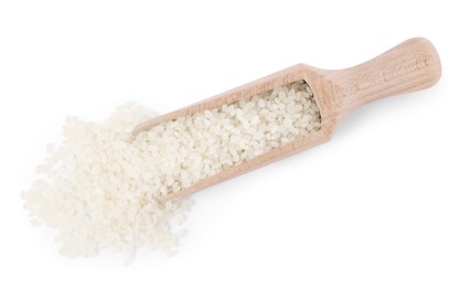 Photo of Raw rice in wooden scoop isolated on white, top view