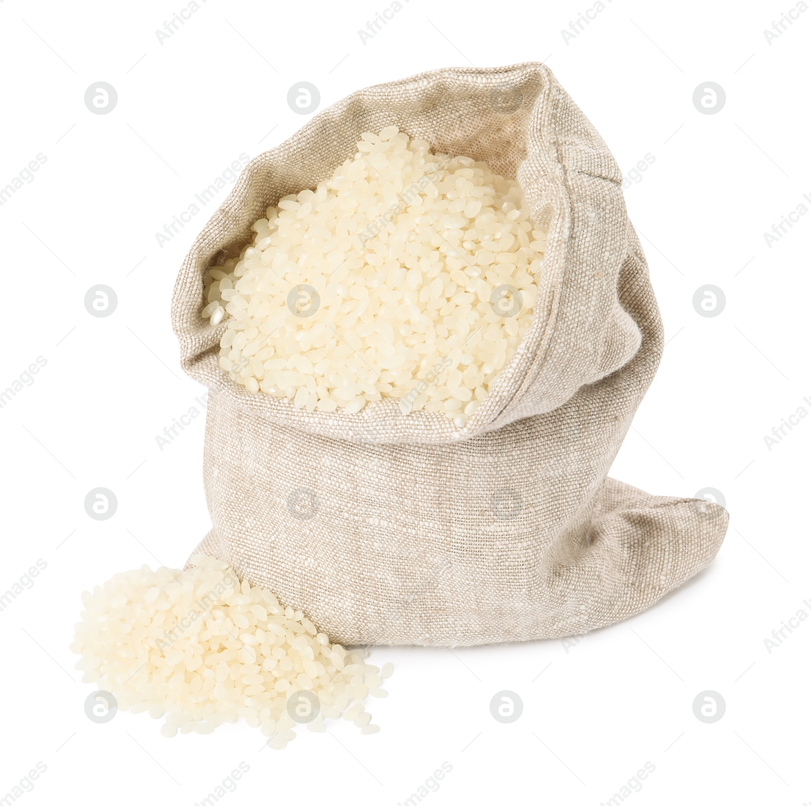 Photo of Raw rice in burlap sack isolated on white