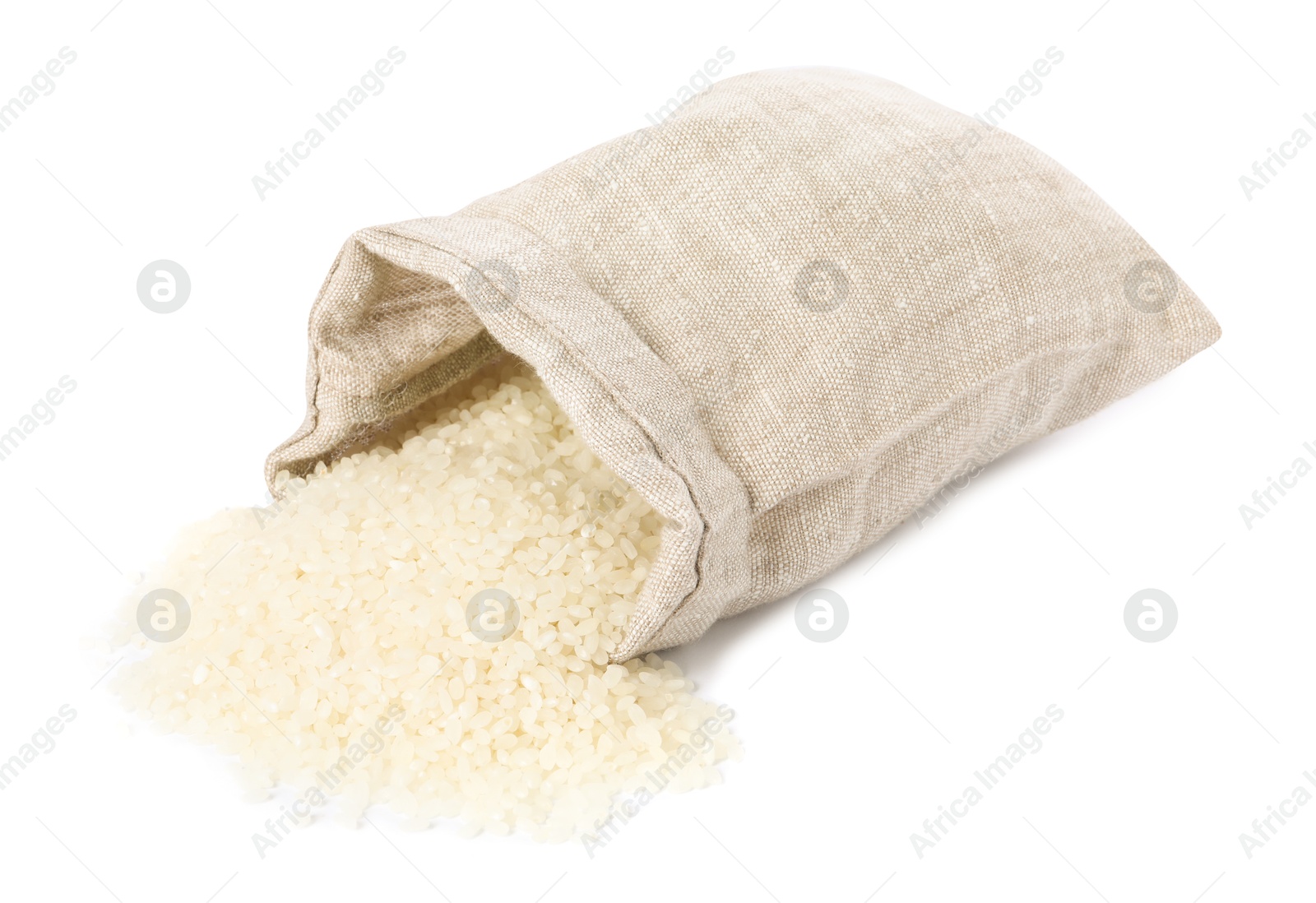 Photo of Raw rice and overturned burlap sack isolated on white