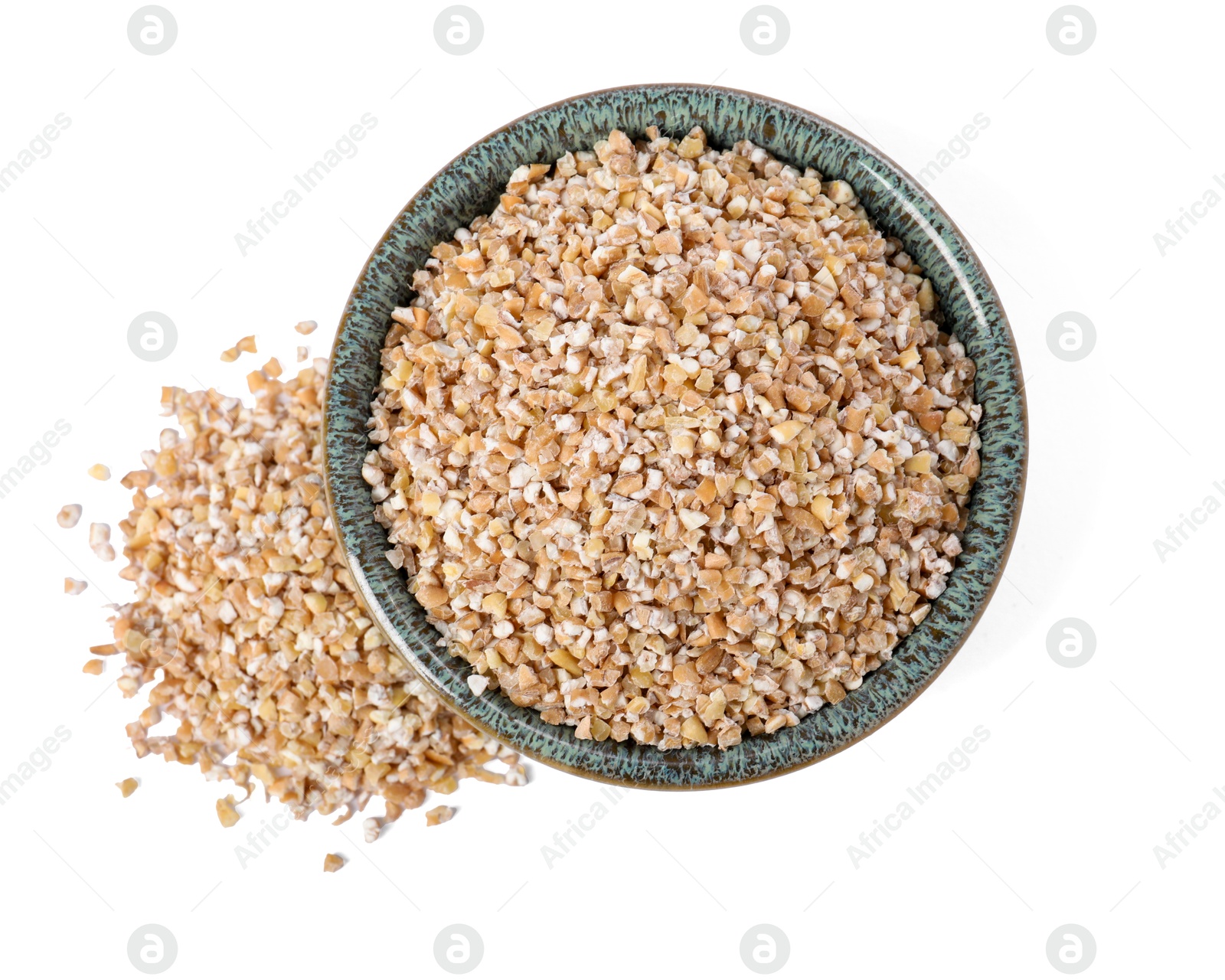 Photo of Dry wheat groats in bowl isolated on white, top view