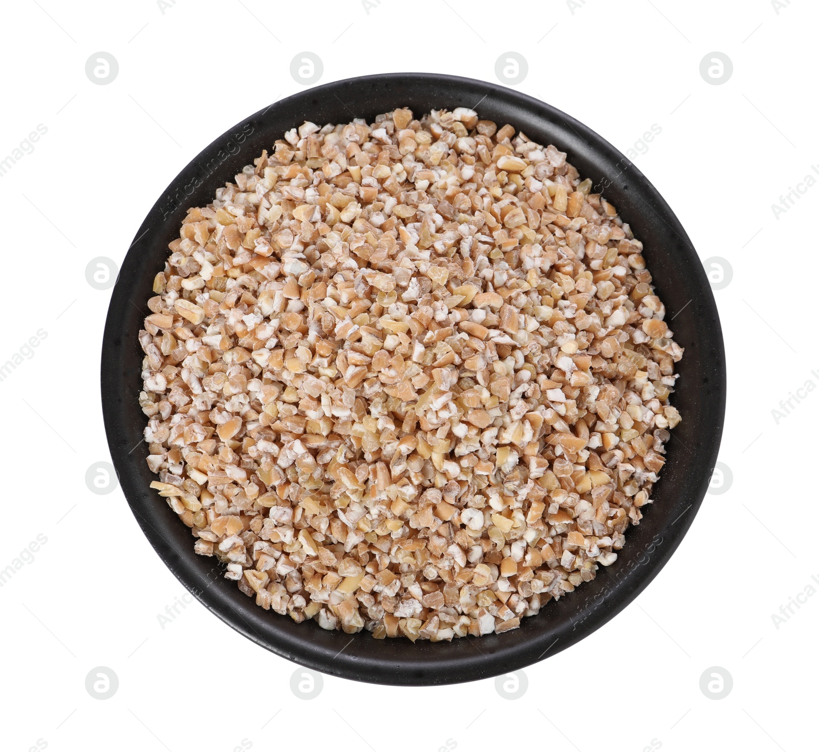 Photo of Dry wheat groats in bowl isolated on white, top view