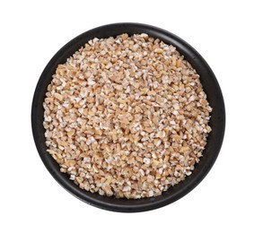 Photo of Dry wheat groats in bowl isolated on white, top view