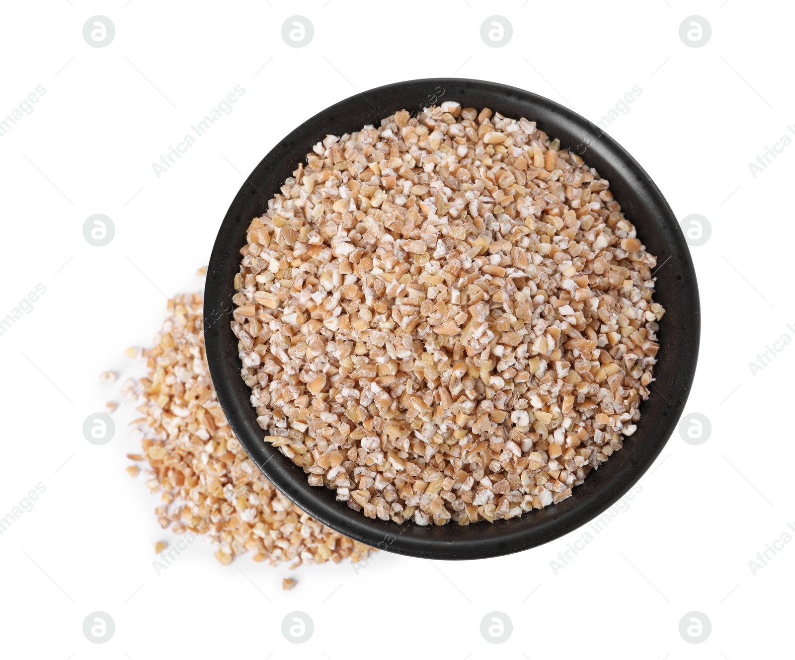 Photo of Dry wheat groats in bowl isolated on white, top view