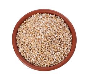 Photo of Dry wheat groats in bowl isolated on white, top view