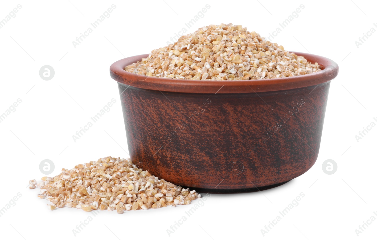 Photo of Dry wheat groats in bowl isolated on white