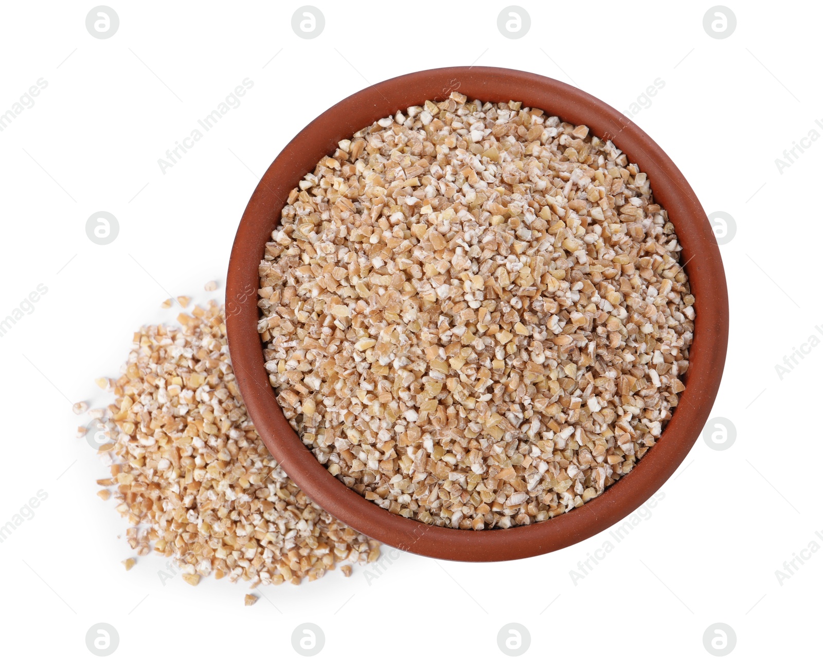 Photo of Dry wheat groats in bowl isolated on white, top view