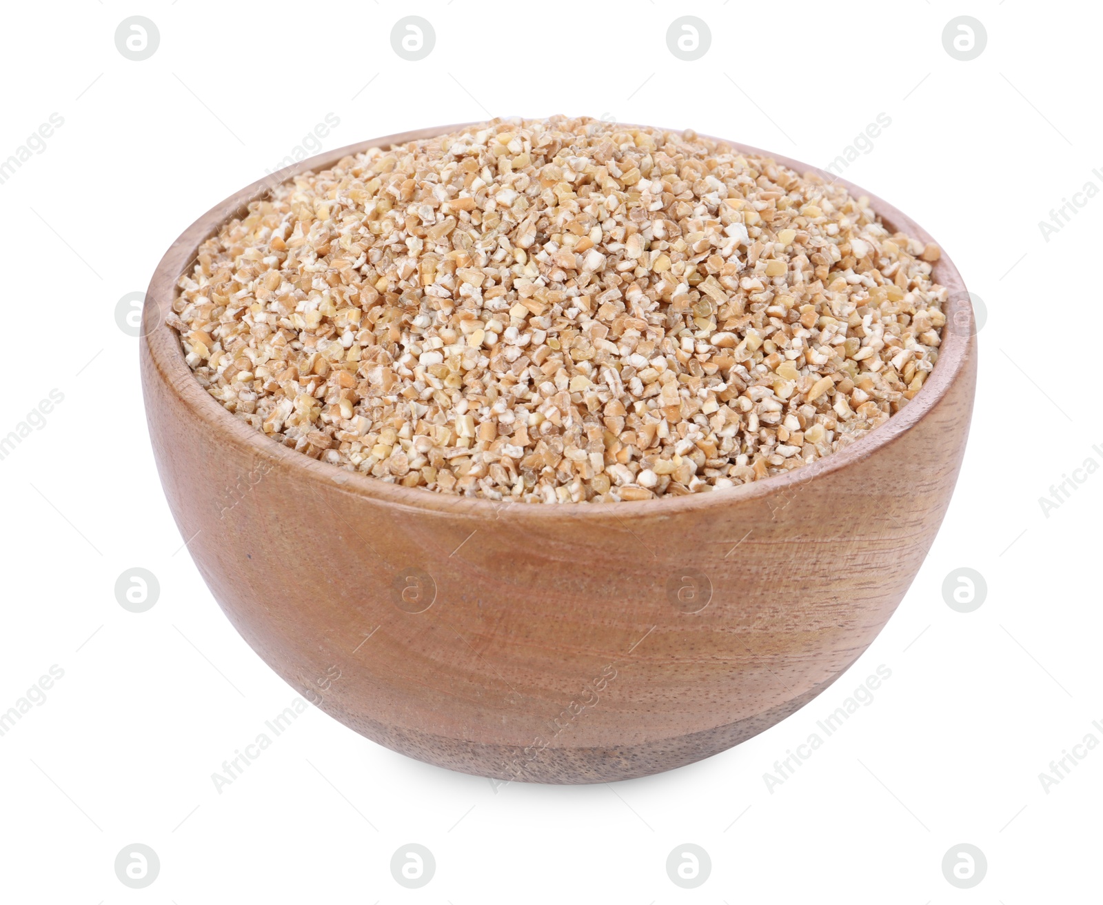 Photo of Dry wheat groats in wooden bowl isolated on white