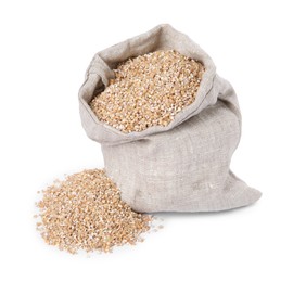 Photo of Dry wheat groats in burlap sack isolated on white