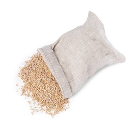 Photo of Dry wheat groats and overturned burlap sack isolated on white, top view