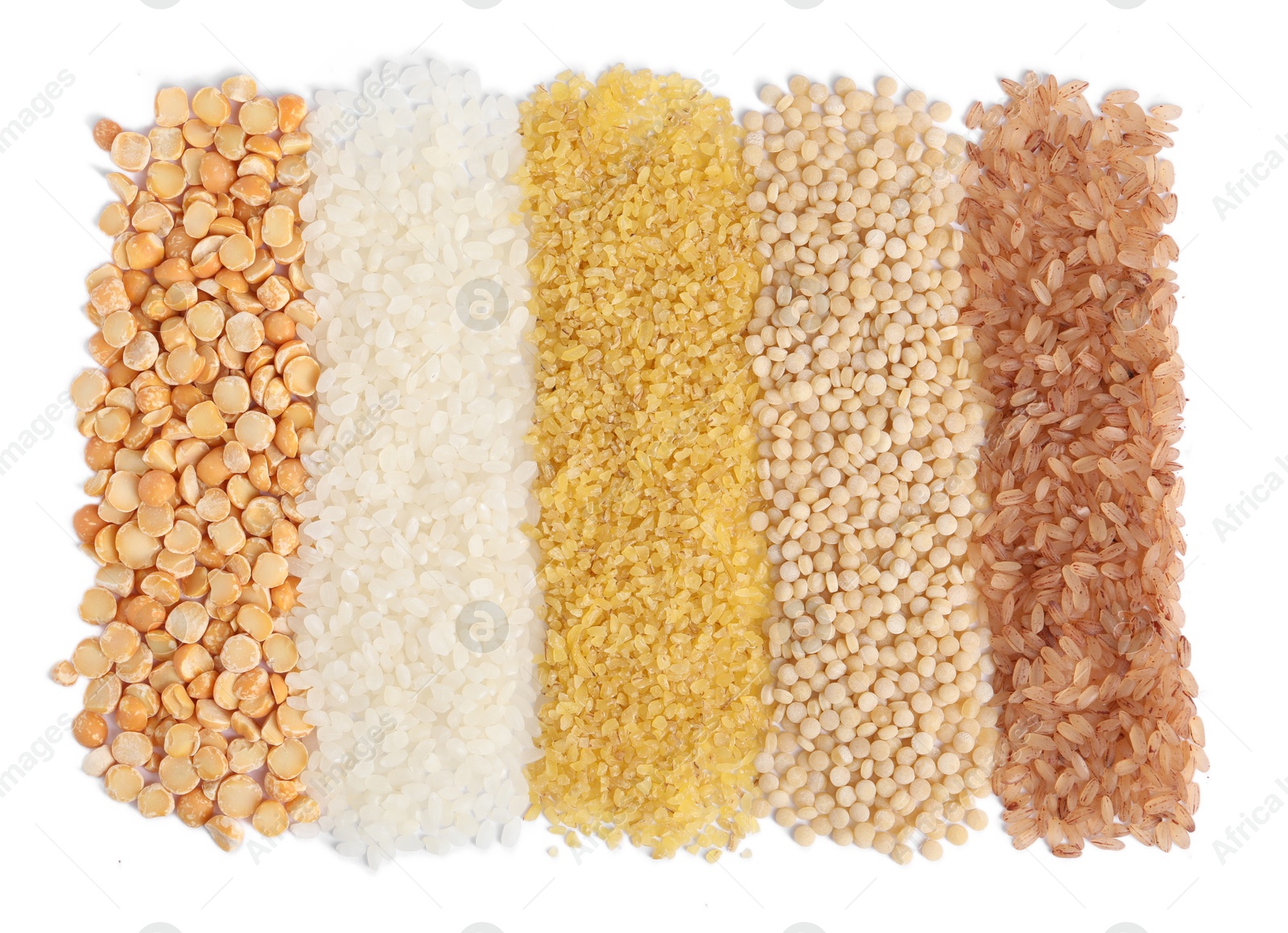 Photo of Different cereal grains isolated on white, top view