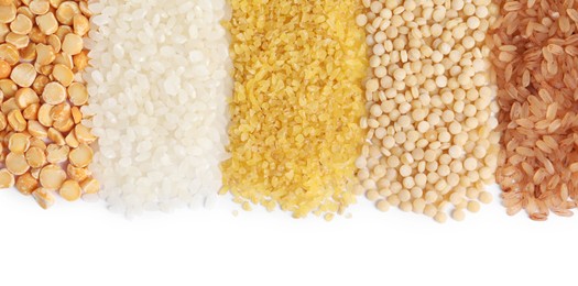 Photo of Different cereal grains isolated on white, top view