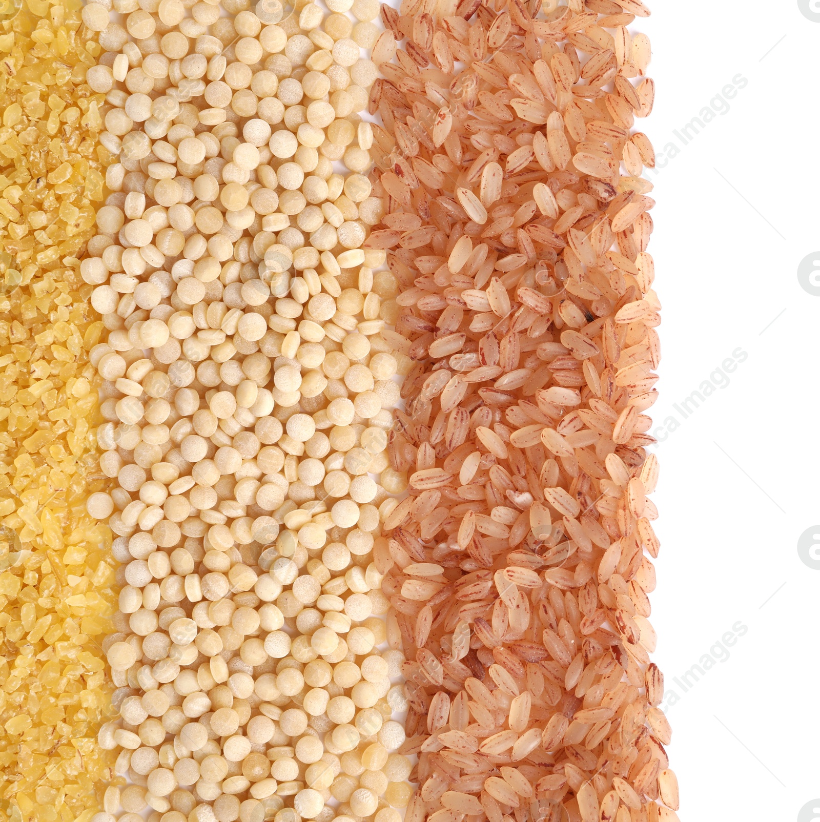 Photo of Different cereal grains isolated on white, top view