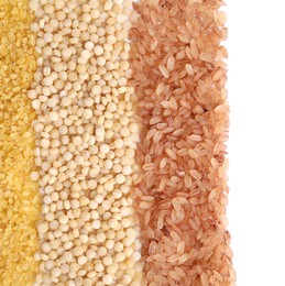 Photo of Different cereal grains isolated on white, top view