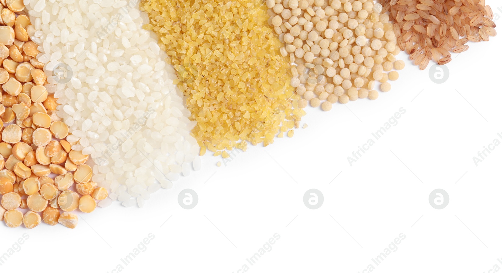 Photo of Different cereal grains isolated on white, top view