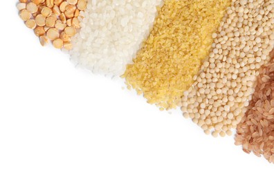 Photo of Different cereal grains isolated on white, top view