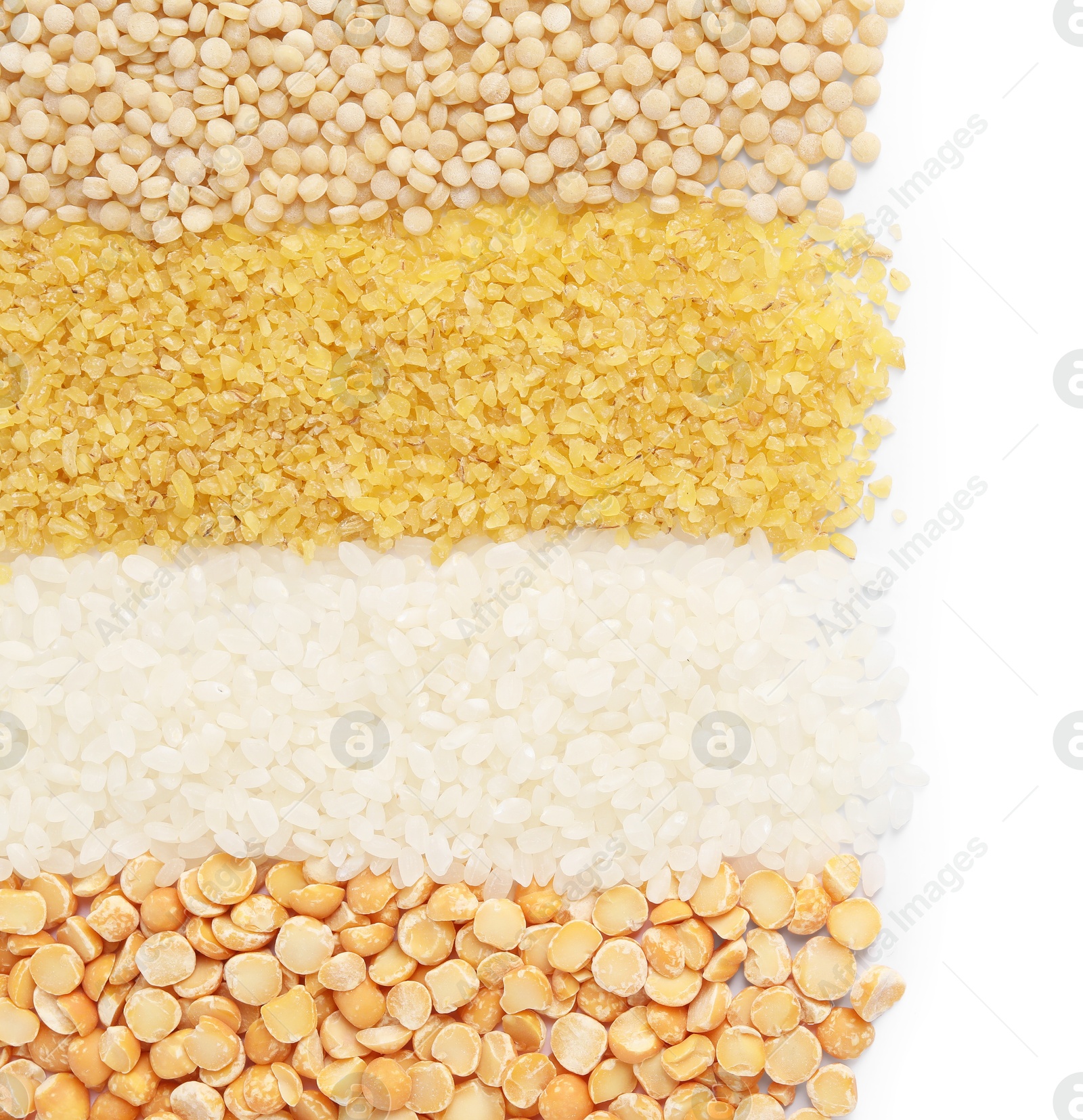 Photo of Different cereal grains isolated on white, top view