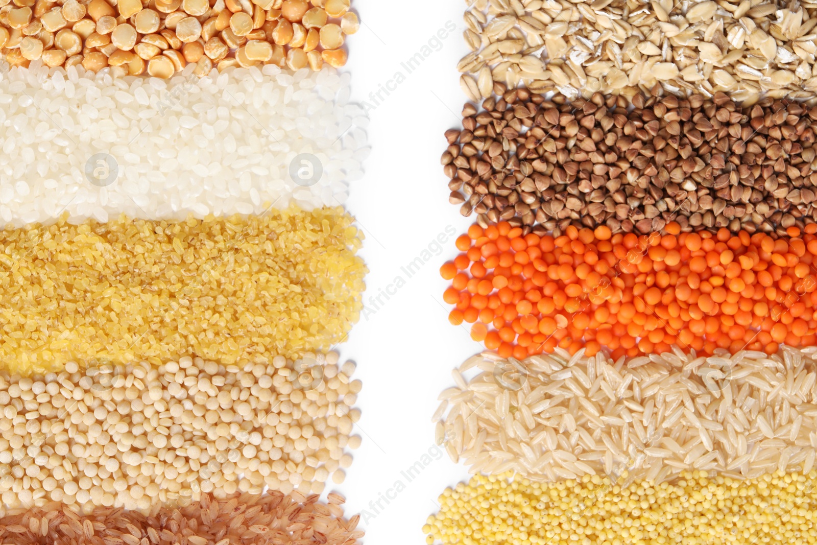 Photo of Different cereal grains isolated on white, top view