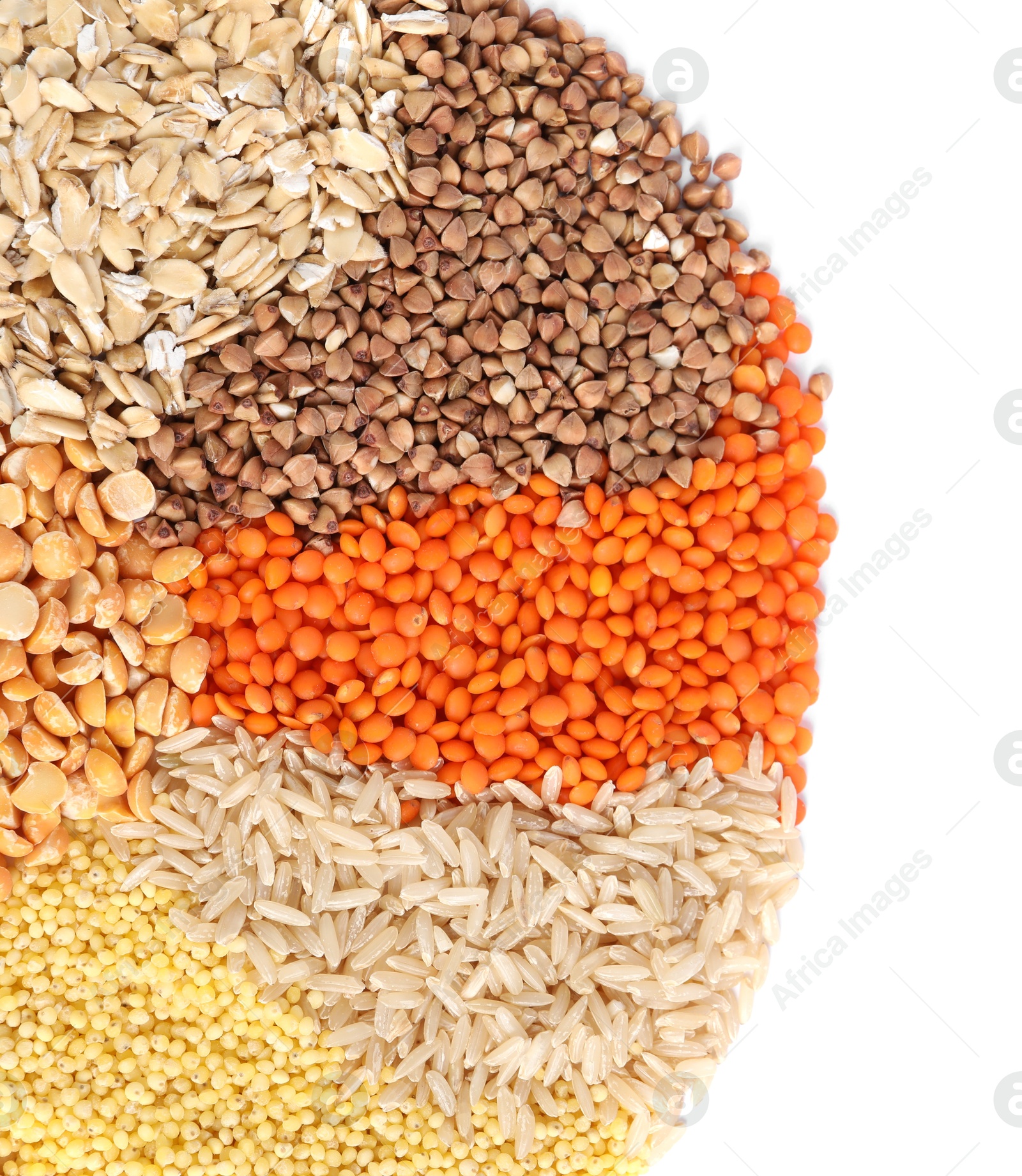 Photo of Different cereal grains isolated on white, top view