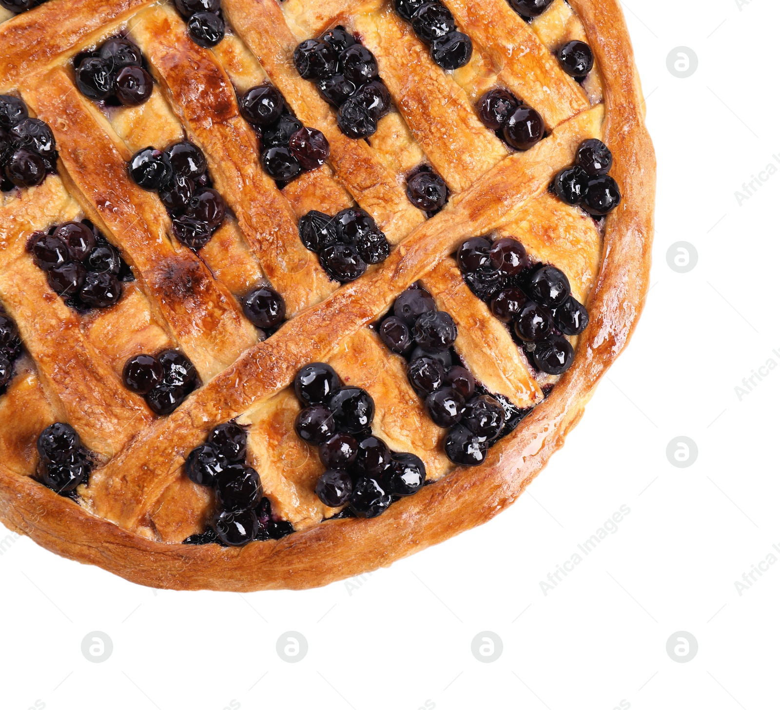 Photo of Tasty homemade pie with blueberries isolated on white, top view