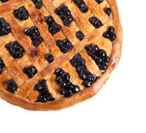 Photo of Tasty homemade pie with blueberries isolated on white, top view