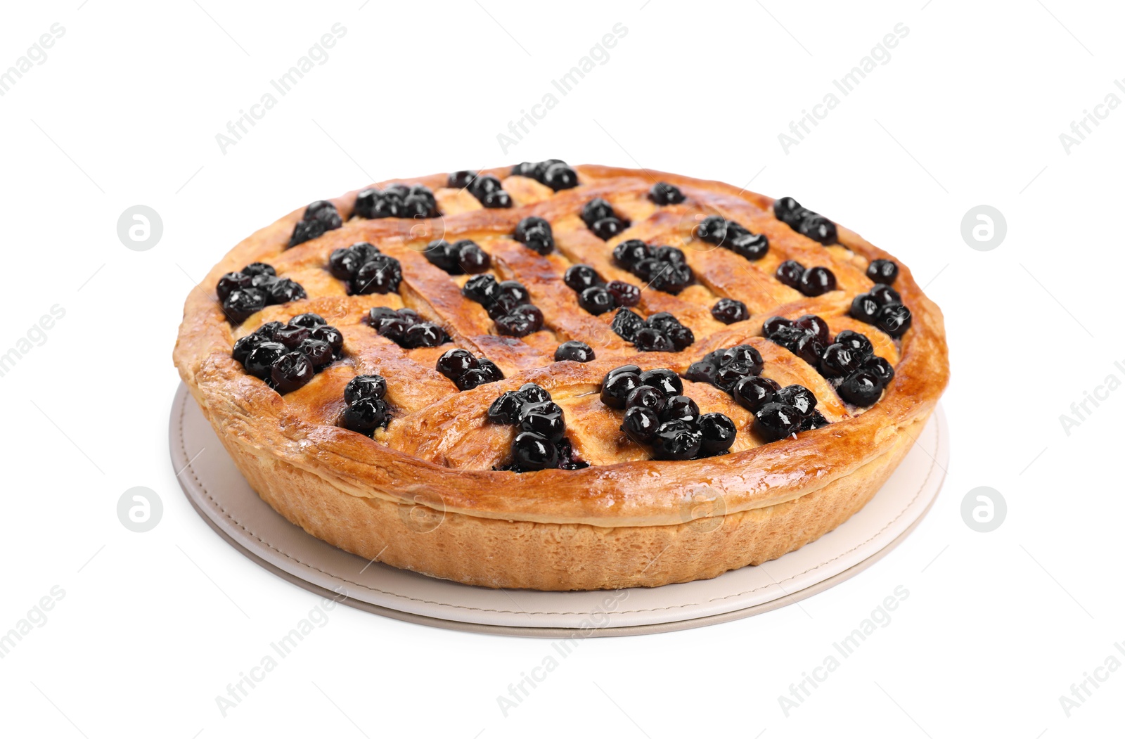 Photo of Tasty homemade pie with blueberries isolated on white