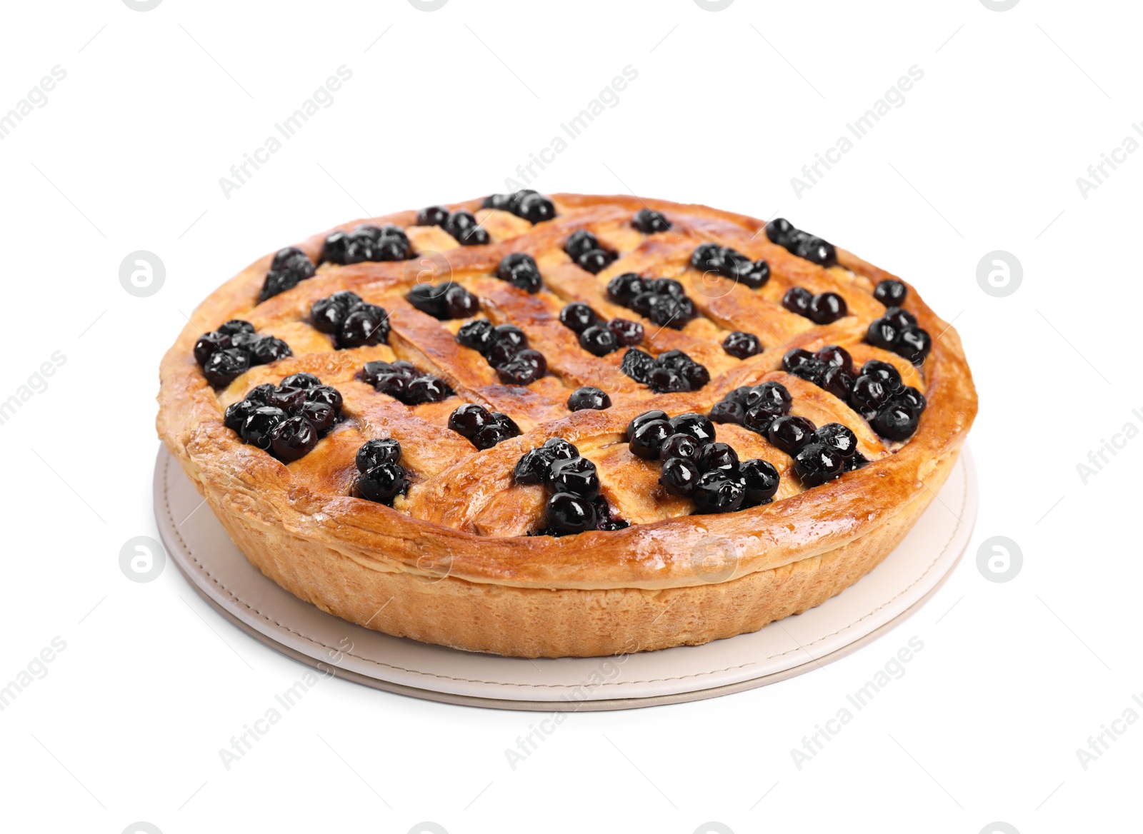 Photo of Tasty homemade pie with blueberries isolated on white