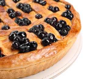 Photo of Tasty homemade pie with blueberries isolated on white