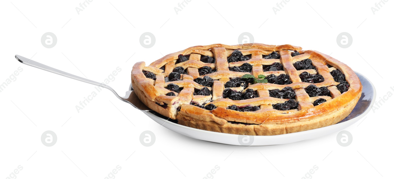 Photo of Delicious homemade pie with server isolated on white