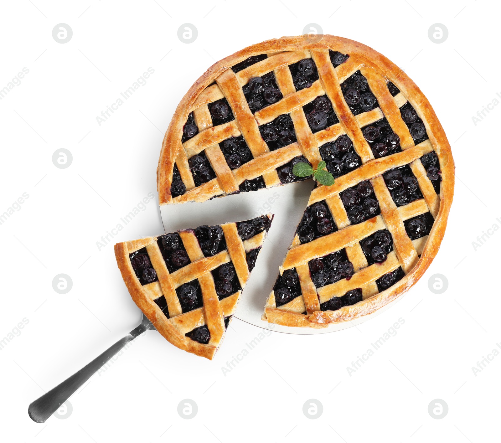 Photo of Taking piece of delicious homemade blueberry pie with server isolated on white, top view