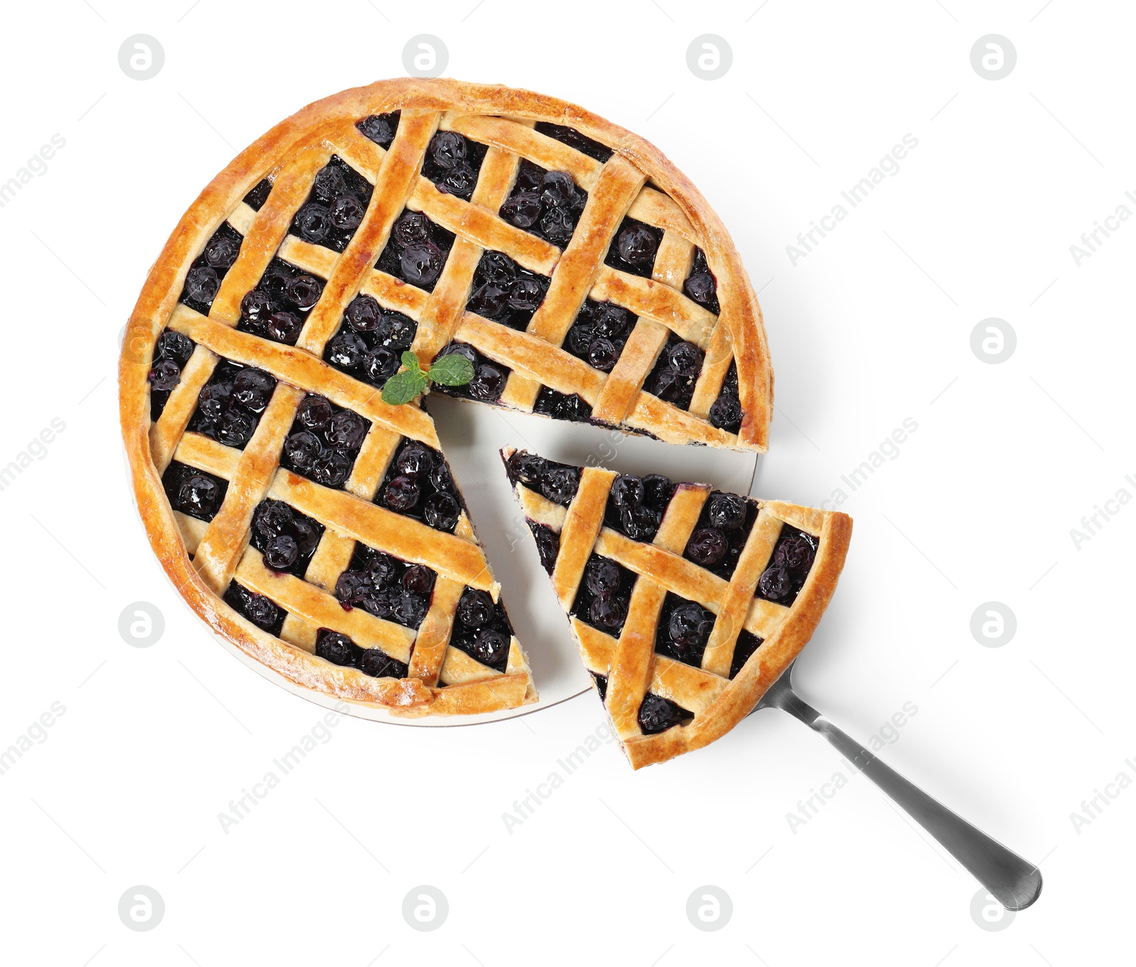 Photo of Taking piece of delicious homemade blueberry pie with server isolated on white, top view