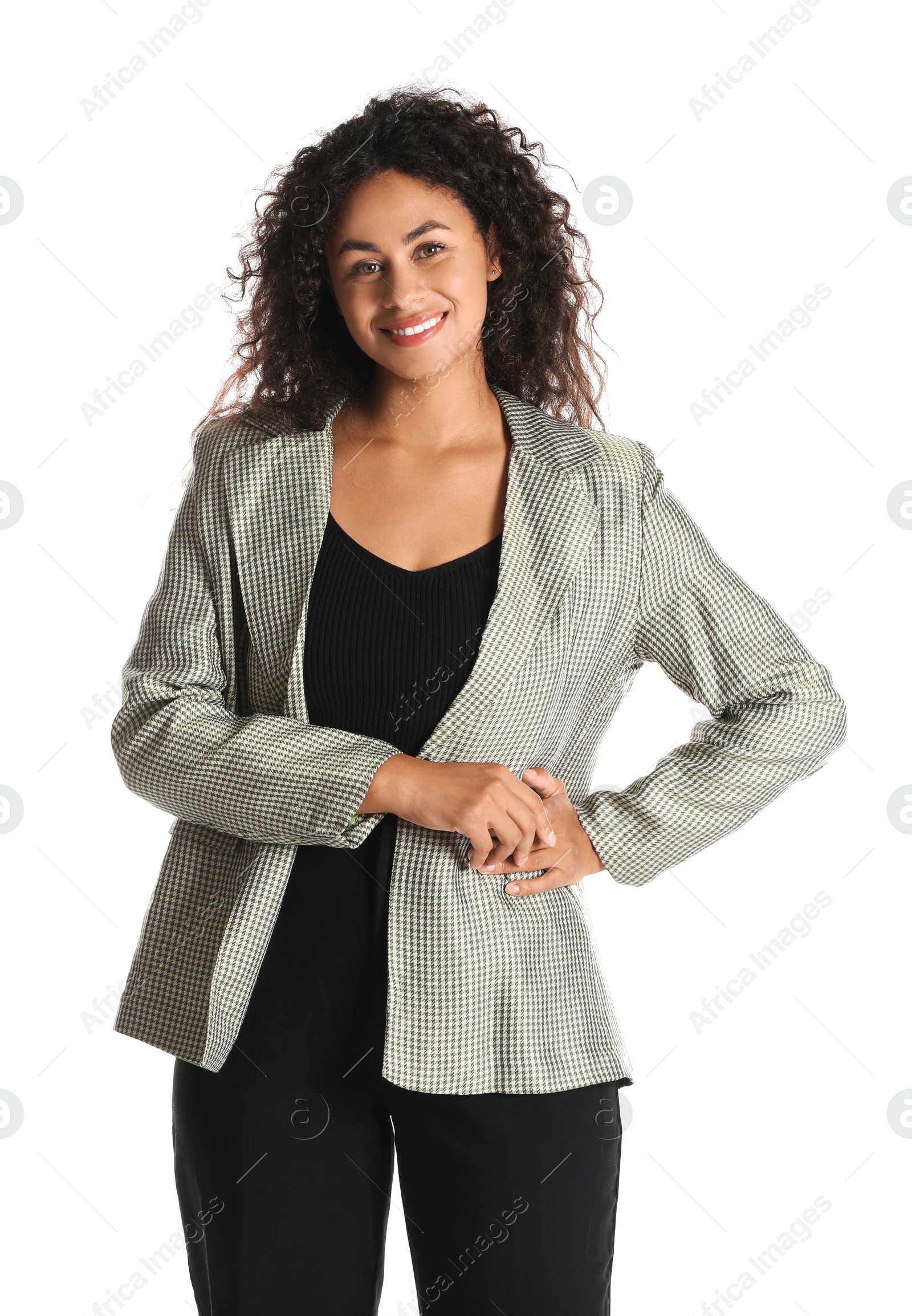 Photo of Beautiful woman in stylish jacket on white background