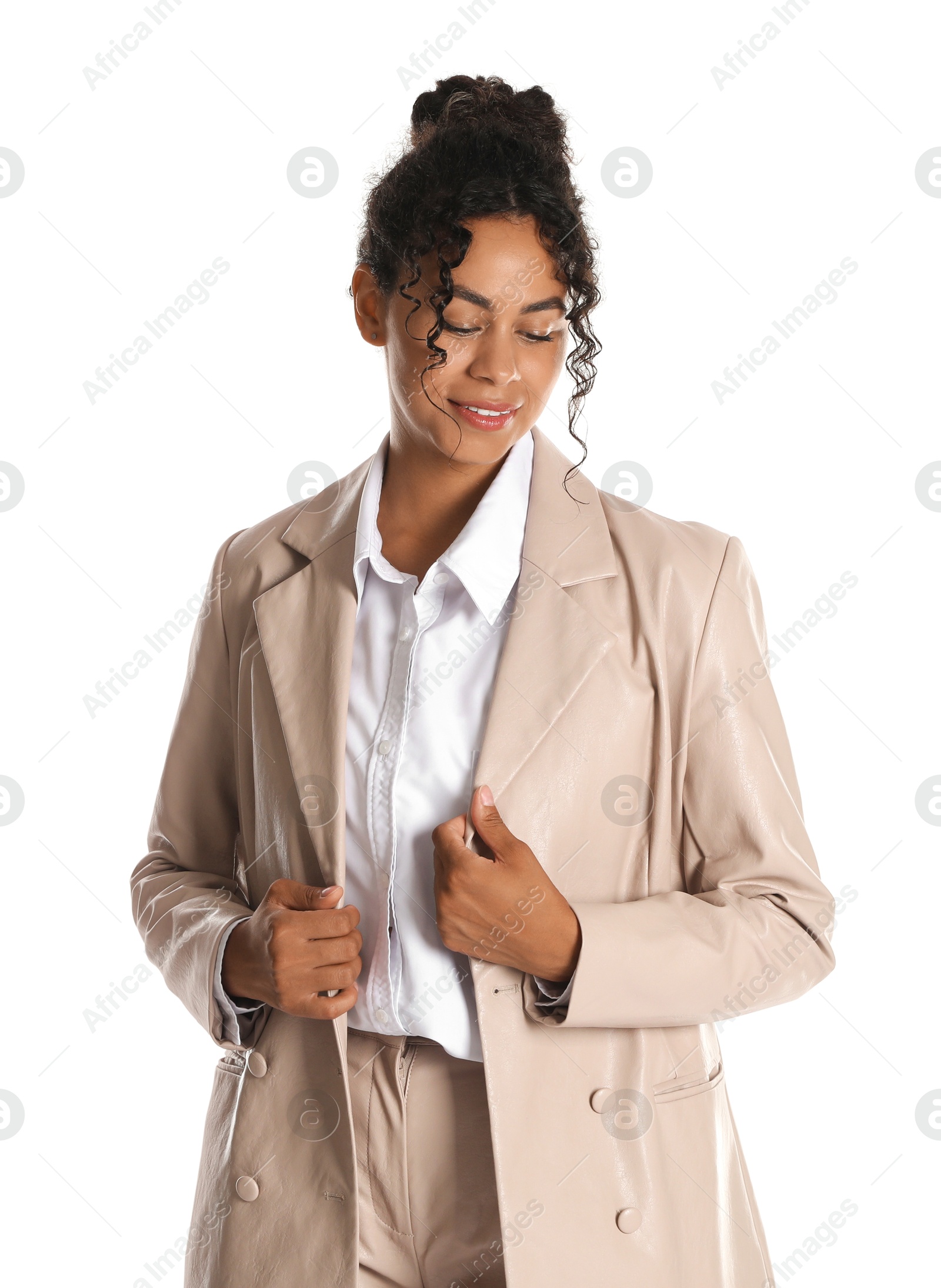 Photo of Beautiful woman in stylish jacket on white background