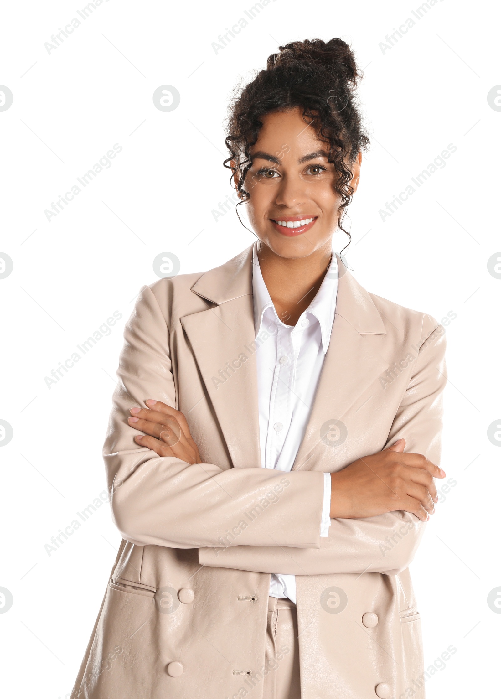 Photo of Beautiful woman in stylish jacket on white background