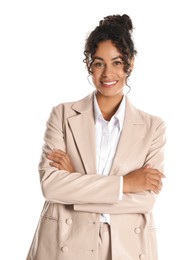 Photo of Beautiful woman in stylish jacket on white background