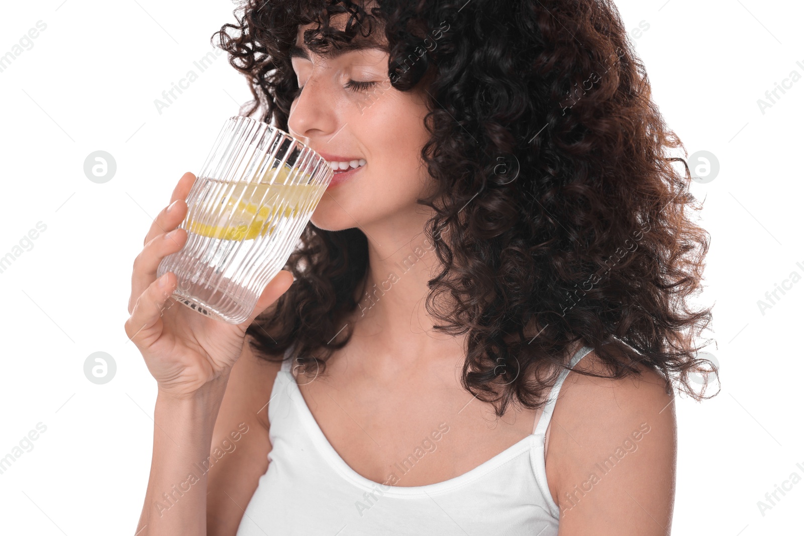 Photo of Woman drinking water with lemon on white background