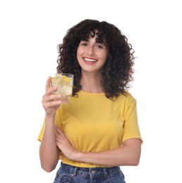 Woman with glass of lemon water on white background