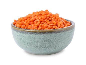 Photo of Raw lentils in bowl isolated on white