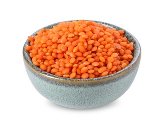 Photo of Raw lentils in bowl isolated on white