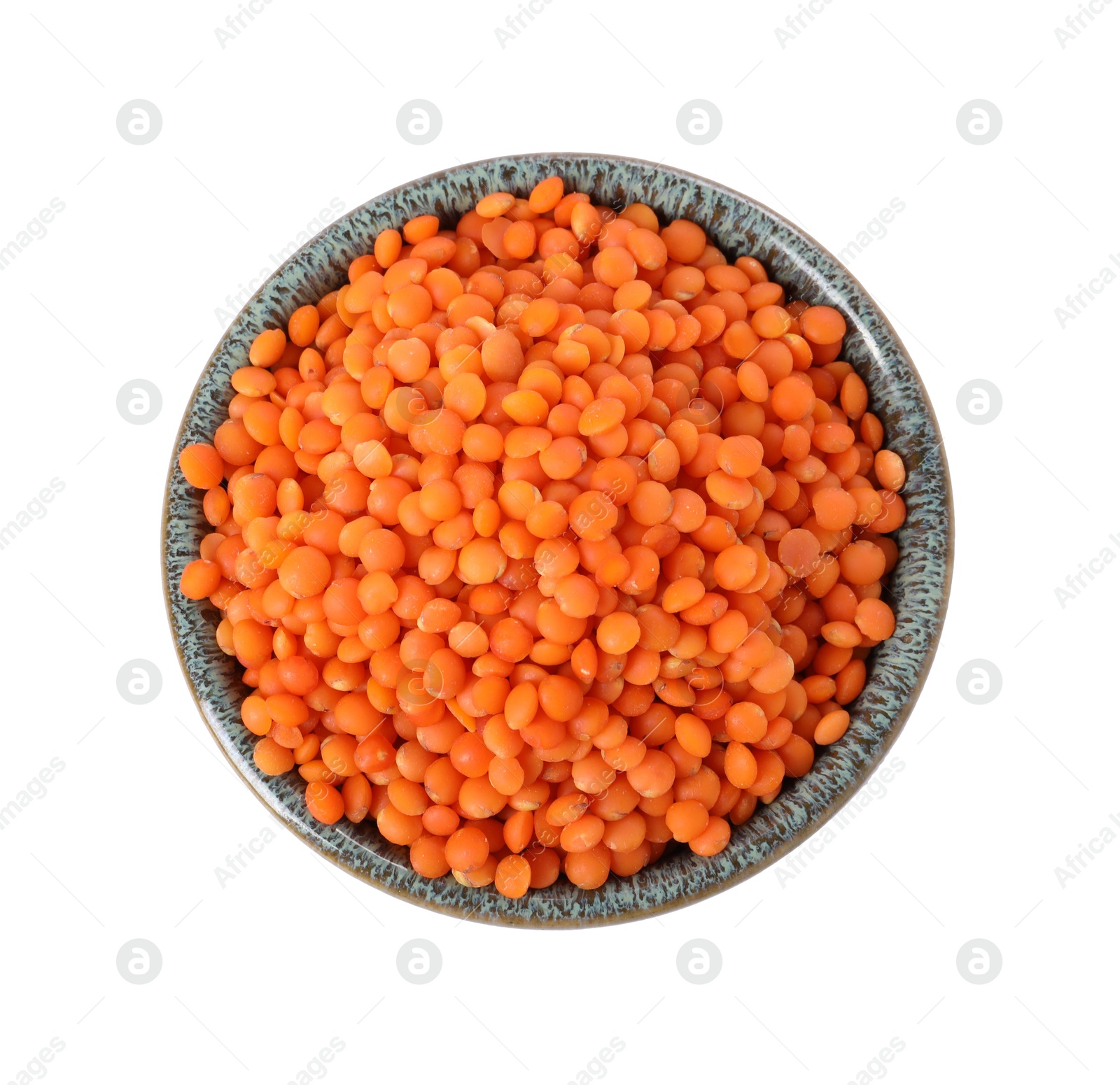 Photo of Raw lentils in bowl isolated on white, top view