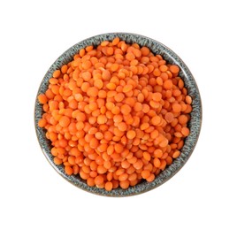 Photo of Raw lentils in bowl isolated on white, top view