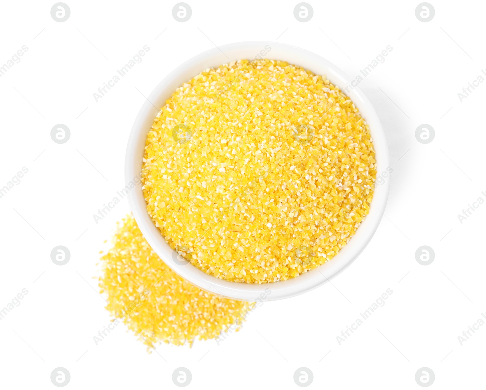 Photo of Raw cornmeal in bowl isolated on white, top view