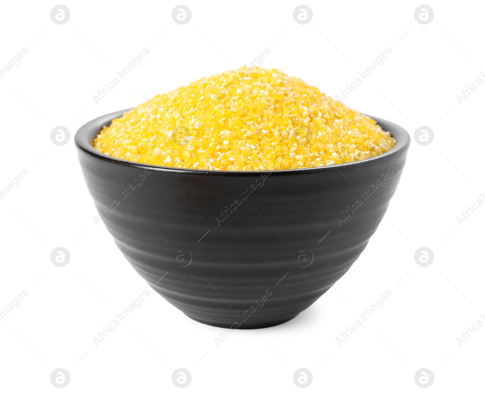 Photo of Raw cornmeal in bowl isolated on white