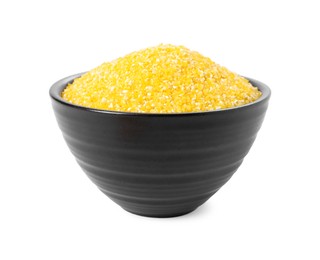 Photo of Raw cornmeal in bowl isolated on white