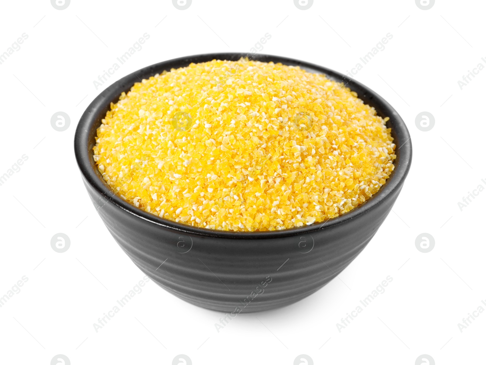 Photo of Raw cornmeal in bowl isolated on white