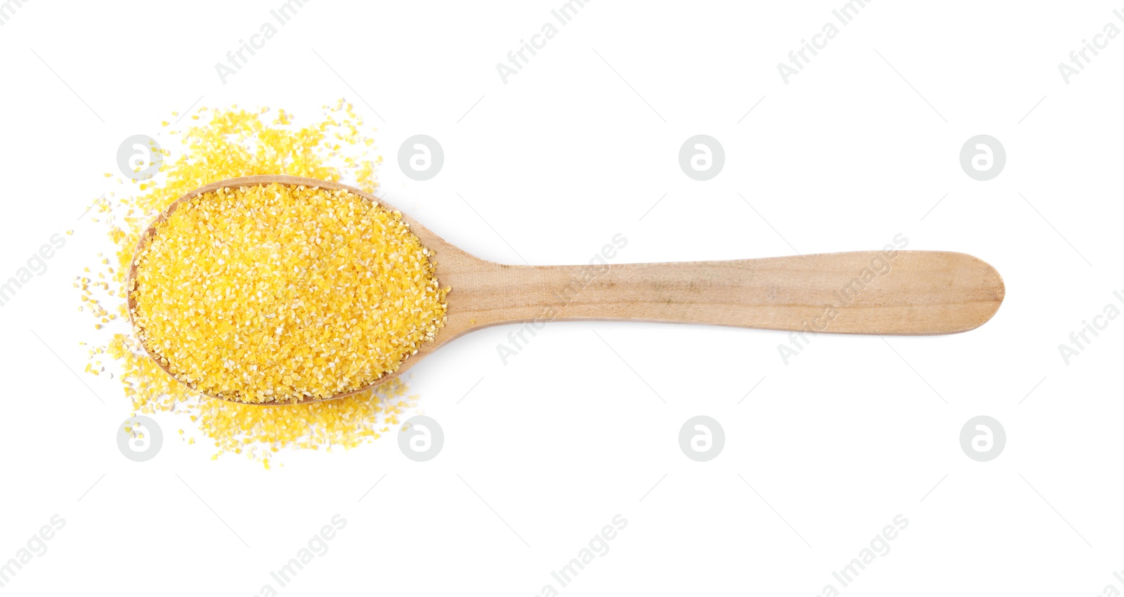 Photo of Raw cornmeal in wooden spoon isolated on white, top view