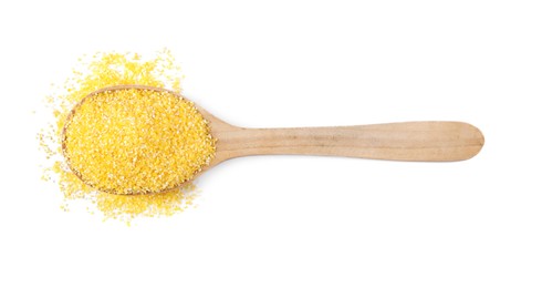 Photo of Raw cornmeal in wooden spoon isolated on white, top view