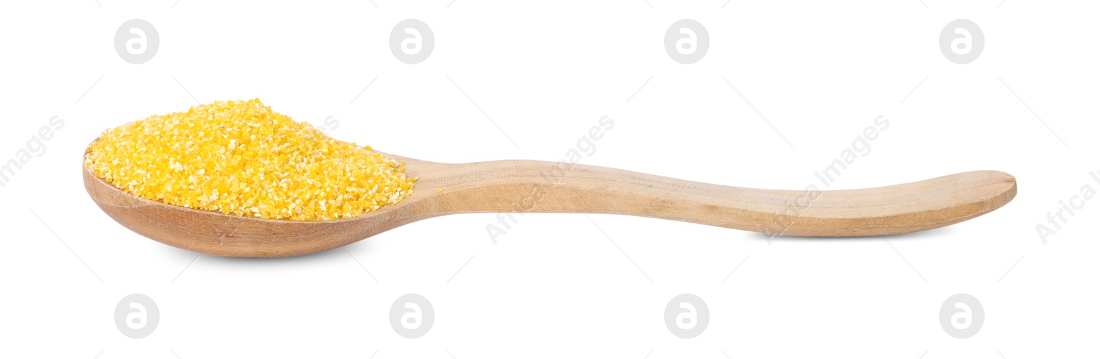 Photo of Raw cornmeal in wooden spoon isolated on white