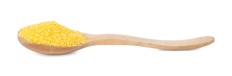 Photo of Raw cornmeal in wooden spoon isolated on white